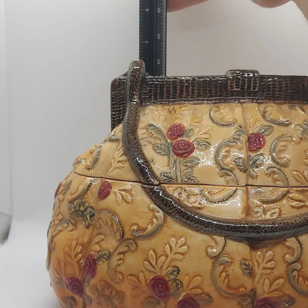 Vintage International Art Ceramic Purse Cookie Jar Handbag Canister Yellow Rose